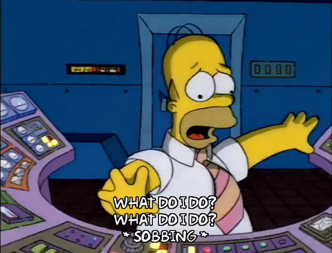 Homer Simpson sitting at a control panel with many flashing buttons, caption 'What do I do? What do I do? (sobbing)'